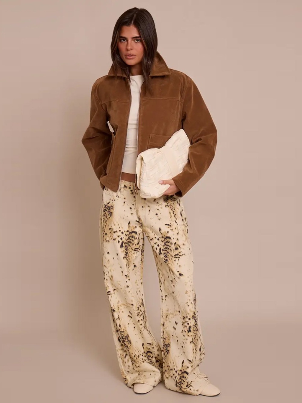 PrettyLittleThing Snow Leopard Slouchy Wide Leg Jeans Beige Size 12 - Picture 2 of 7
